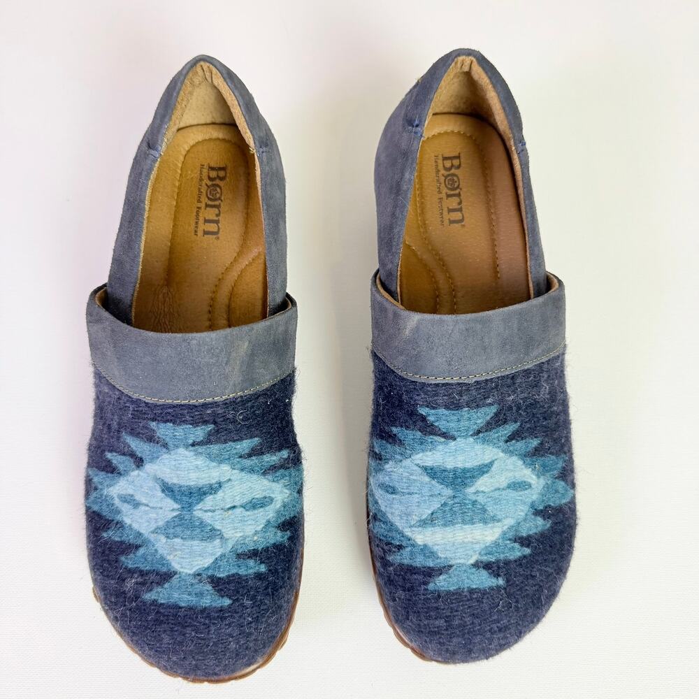 Born Bandy Navy Wool Southwest Blanket Blue Suede Wedge Clogs Women's 9 Slip Ons - Picture 3 of 10